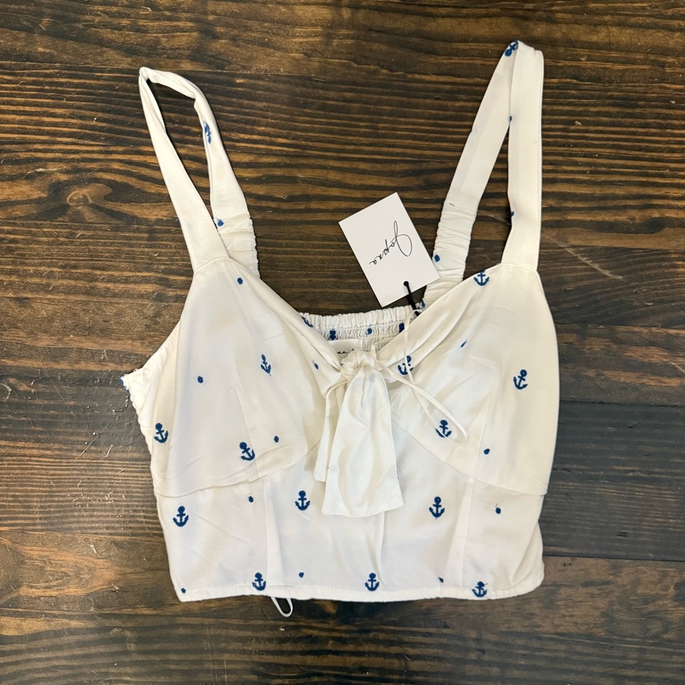 Tie-Front Anchor Print Crop Tank Top - White/Blue